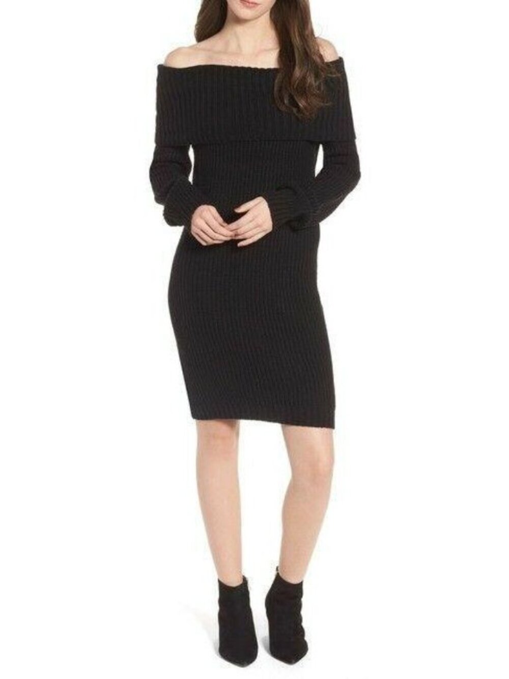 Cotton Emporium M Sweater Dress Off the Shoulder Black Long Straight Sleeve